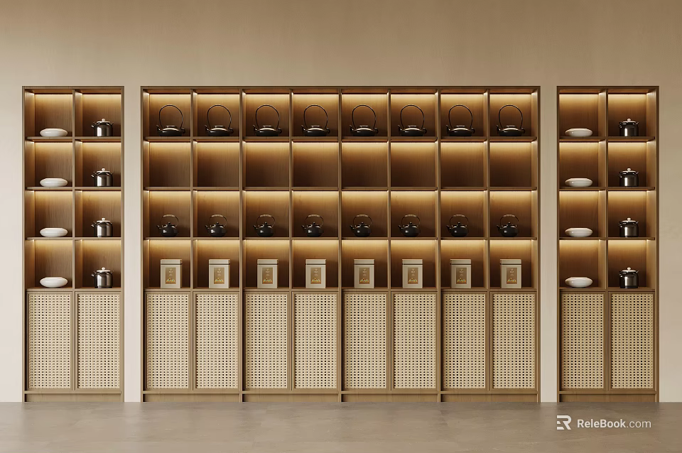 Elegant Wooden Display Cabinet with Teapots Plates and Lattice Doors Interior 3d model 