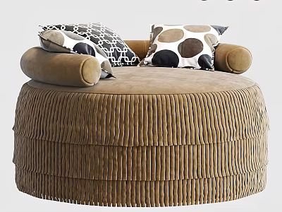 Brown pleated round bean bag chair with geometric pattern pillows and cozy design 3d model