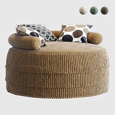Brown pleated round bean bag chair with geometric pattern pillows and cozy design 3d model