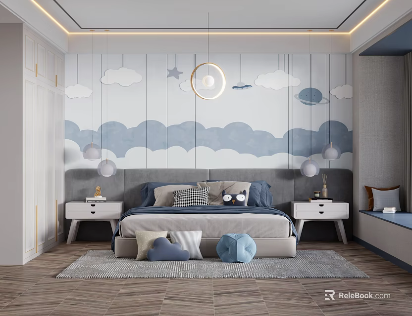 Kids Room Interior Design with Cloud Moon Star Wall Bedside Tables and Pendant Lights 3d model 