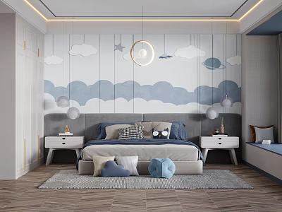 Kids Room Interior Design with Cloud Moon Star Wall Bedside Tables and Pendant Lights 3d model