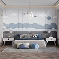 Kids Room Interior Design with Cloud Moon Star Wall Bedside Tables and Pendant Lights