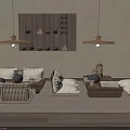 Modern Chinese Style Tea Table and Chairs With Wooden Shelf Hanging Lamps and Cushions