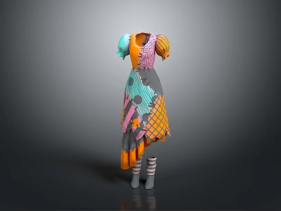 Man wearing colorful patchwork dress with orange pink blue gray irregular hem and striped socks 3d model