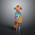 Man wearing colorful patchwork dress with orange pink blue gray irregular hem and striped socks
