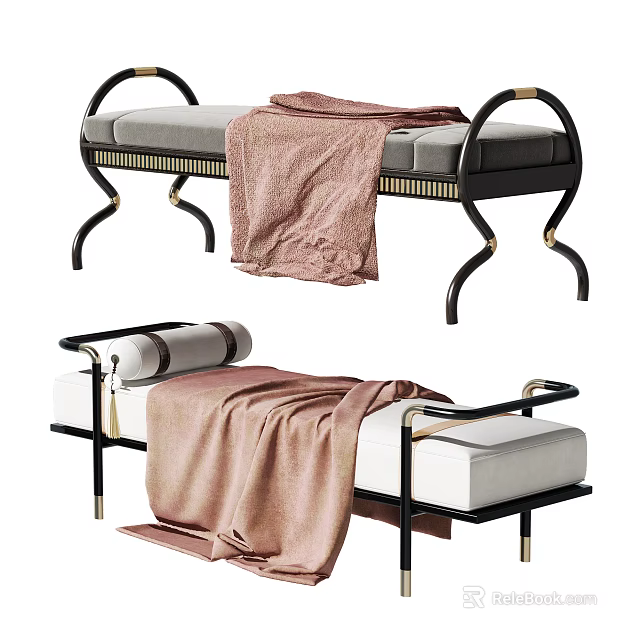 Elegant Modern Ottoman With Gray Upholstery Pink Blanket And Black Metal Legs 3d model 