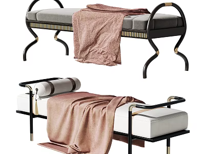 Elegant Modern Ottoman With Gray Upholstery Pink Blanket And Black Metal Legs 3d model