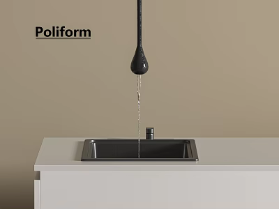 Poliform Black Faucet With Water Droplet Above Black Sink On White Countertop Against Beige Wall 3d model