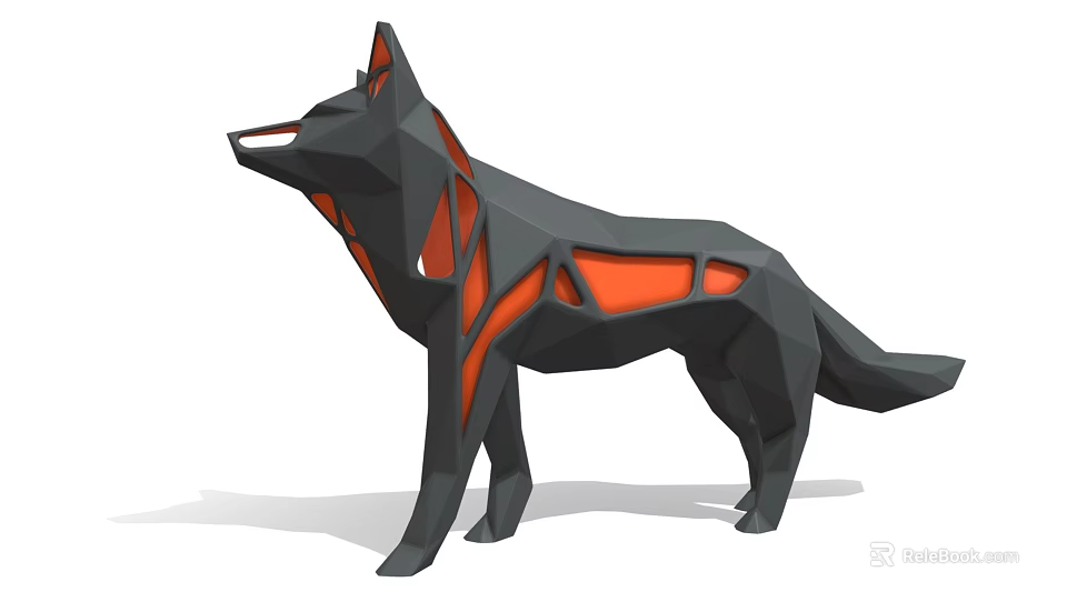 Wolf Shaped Decorative Ornament Set with Geometric Design Black and Orange Modern Sculpture Decor 3d model 