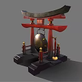 Traditional Chinese Memorial Archway Red Wooden Structure With Golden Decorations And Hanging Bell