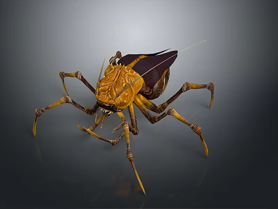3D Fantasy Insect Character Design With Yellow Brown Exoskeleton And Long Legs 3d model
