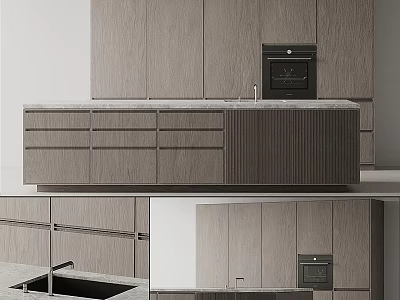 Modern Wooden Kitchen Cabinets With Island Countertop And Built in Oven 3d model