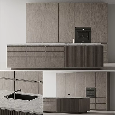 Modern Wooden Kitchen Cabinets With Island Countertop And Built in Oven 3d model