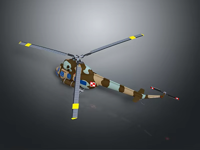 Toy Helicopter Model With Camouflage Design And Yellow Tipped Rotors 3d model