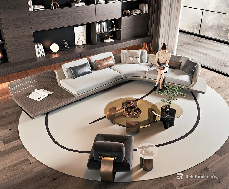 Elegant Modern L shaped Sofa and Coffee Table Set with Round Table and Area Rug 3d model 