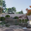 Modern Garden Landscape With White Wall Green Plants Circular Pavement And People Walking