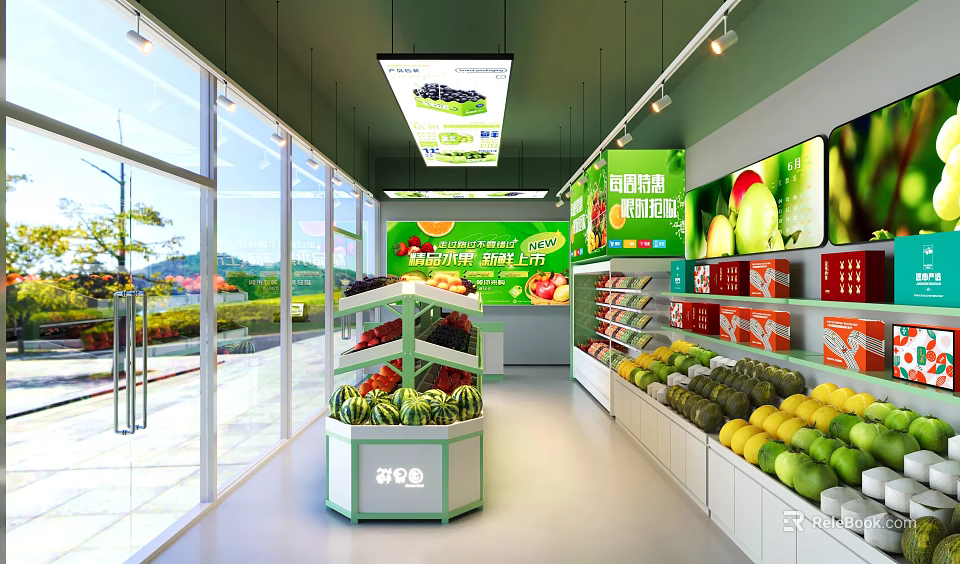 Bright Green Themed Fruit Store With Fresh Watermelons Apples Bananas And Display Shelves 3d model 
