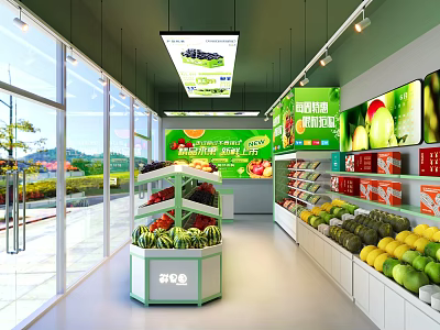 Bright Green Themed Fruit Store With Fresh Watermelons Apples Bananas And Display Shelves 3d model
