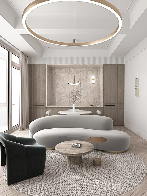 Modern Dining and Living Room Interior With Curved Sofa Round Coffee Table And Marble Wall 3d model 