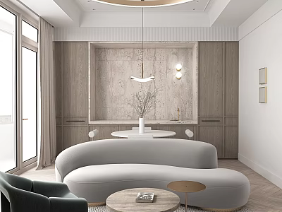 Modern Dining and Living Room Interior With Curved Sofa Round Coffee Table And Marble Wall 3d model