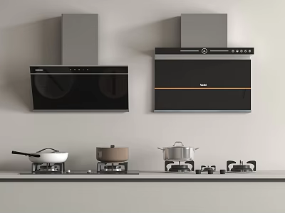 Modern Kitchen Appliances With Sleek Range Hoods Stovetops And Cooking Pots 3d model