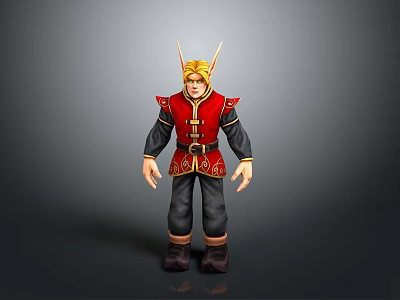 3D Male Character Model In Red Gold Outfit With Golden Headpiece And Black Pants 3d model