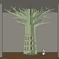 Tree Shaped Green Pillar with Built in Bookshelves Holding Books and Panda Figurine in Room