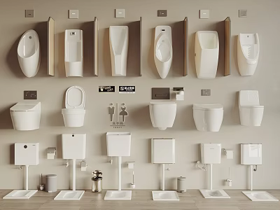 Various Modern Toilet Designs Displayed on Wall and Floor in Bathroom Fixture Collection 3d model
