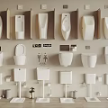 Various Modern Toilet Designs Displayed on Wall and Floor in Bathroom Fixture Collection