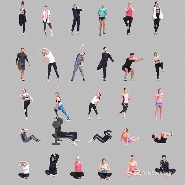 Multiple People Performing Various Fitness Exercises in Different Workout Poses 3d model 