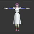 Game Movie Character With Pink Hair White Dress Blue Sleeves Belt And Arms Outstretched