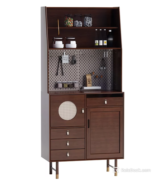Dark Brown Sideboard With Open Shelves Drawers And Kitchen Utensils Storage 3d model 
