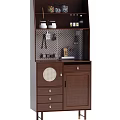 Dark Brown Sideboard With Open Shelves Drawers And Kitchen Utensils Storage