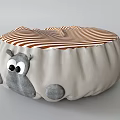 Cute Cartoon Animal Pattern Round Ottoman With Orange Striped Cushion And Gray Character Design