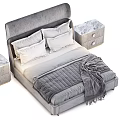 Modern Gray Velvet Double Bed With Tufted Headboard Matching Nightstands Pillows And Cozy Blanket