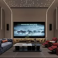 Luxurious Home Theater Interior With Dark Blue Walls Starry Ceiling Gray Sofa And Red Armchairs
