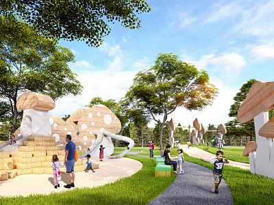 Park Landscape with Mushroom Shaped Play Structures Slides Green Grass Pathways Trees and Children Playing 3d model