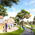Park Landscape with Mushroom Shaped Play Structures Slides Green Grass Pathways Trees and Children Playing