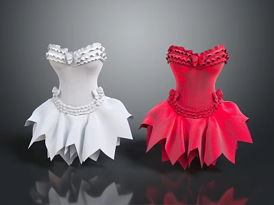 White and Red Ballet Style Dresses with Ruffled Details and Decorative Design 3d model