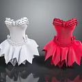 White and Red Ballet Style Dresses with Ruffled Details and Decorative Design