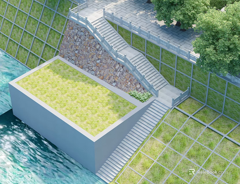 Outdoor Staircase With Stone Wall Green Grass Water Area Metal Grid Fence And Trees 3d model 
