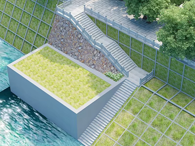 Outdoor Staircase With Stone Wall Green Grass Water Area Metal Grid Fence And Trees 3d model