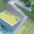 Outdoor Staircase With Stone Wall Green Grass Water Area Metal Grid Fence And Trees