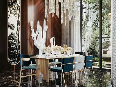 Restaurant Interior With Crystal Chandelier Wooden Walls Dining Table Blue Chairs And Green Plants 3d model