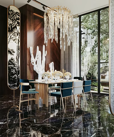 Restaurant Interior With Crystal Chandelier Wooden Walls Dining Table Blue Chairs And Green Plants 3d model