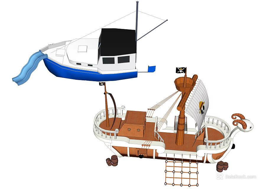 Ship Shaped Playground Equipment With Slide Pirate Theme And Rope Ladder 3d model 