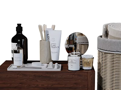 Stylish Bathroom Accessories On Wooden Tray With Skincare Products Toothbrushes And Woven Basket 3d model