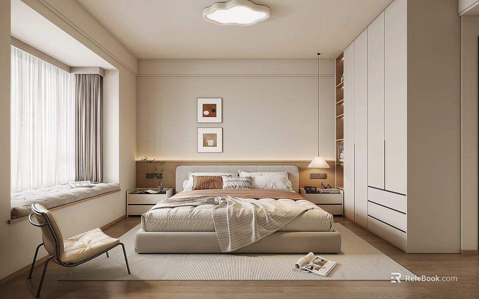 Modern Bedroom Interior Design With King Bed Nightstands Table Lamps Wall Art And Window Seat 3d model 