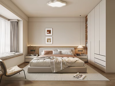 Modern Bedroom Interior Design With King Bed Nightstands Table Lamps Wall Art And Window Seat 3d model