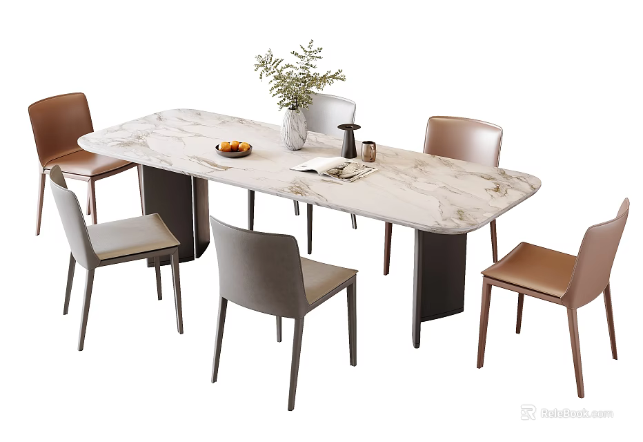 Dining Table Set with Marble Top Six Mixed Color Chairs Decorative Vase Fruit Plate 3d model 